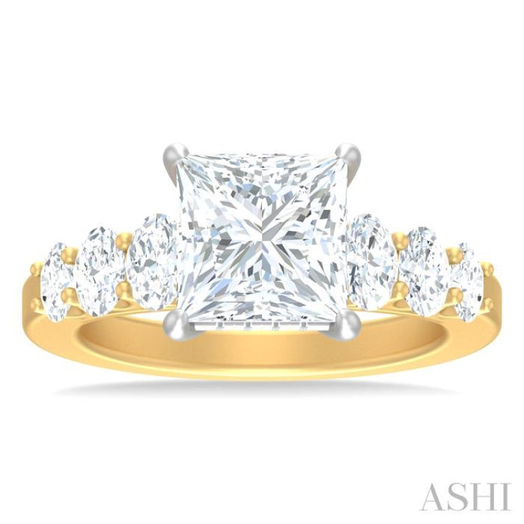 1 1/4 ctw Princess Shape Oval and Round Cut Diamond Semi Mount Engagement Ring in 14K Yellow and White Gold