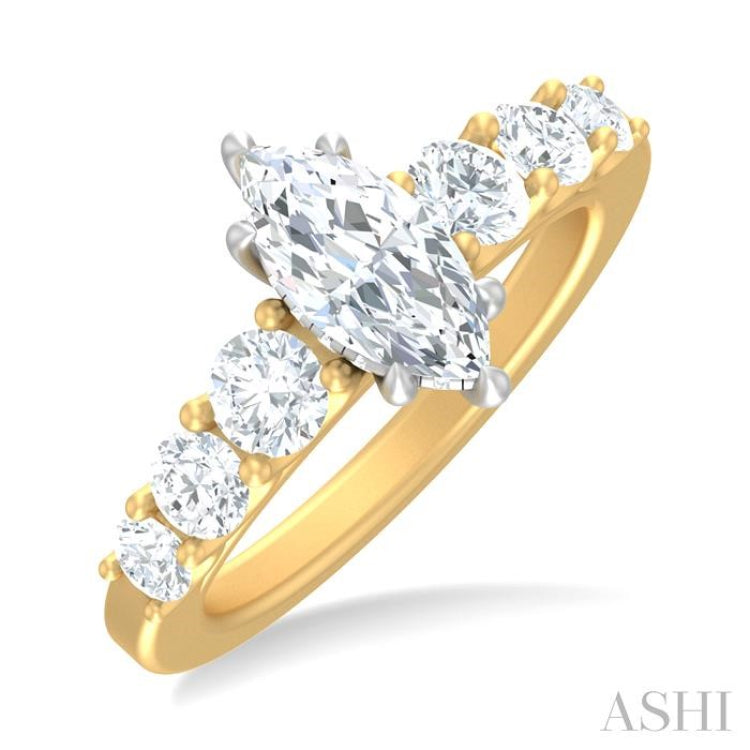 1 ctw Marquise Shape Round Cut Diamond Semi Mount Engagement Ring in 14K Yellow and White Gold