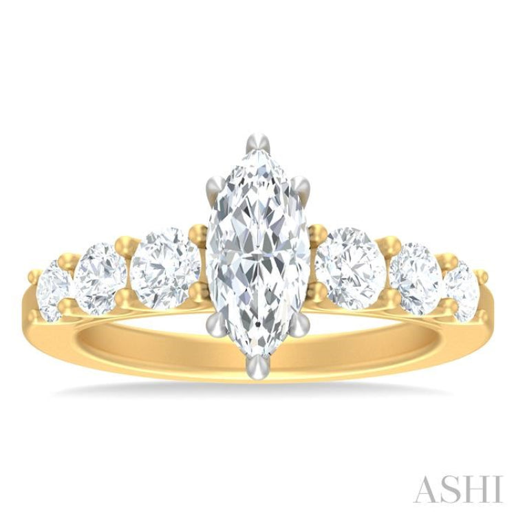 1 ctw Marquise Shape Round Cut Diamond Semi Mount Engagement Ring in 14K Yellow and White Gold