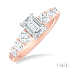 1 1/10 ctw Emerald Shape Round Cut Diamond Semi Mount Engagement Ring in 14K Rose and White Gold