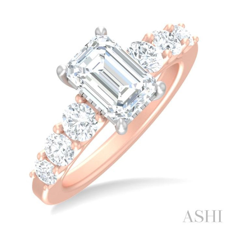 1 1/10 ctw Emerald Shape Round Cut Diamond Semi Mount Engagement Ring in 14K Rose and White Gold