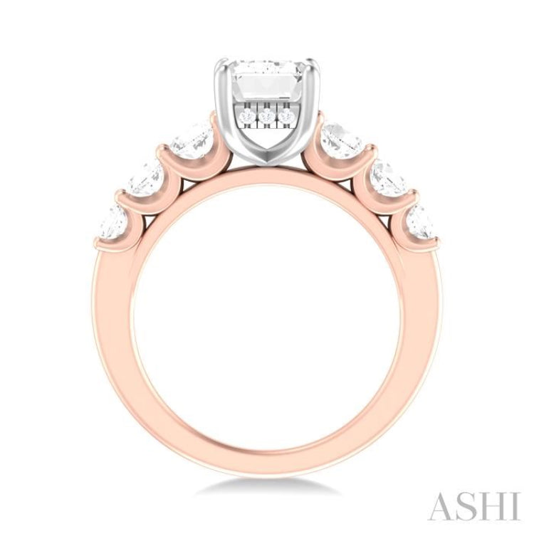 1 1/10 ctw Emerald Shape Round Cut Diamond Semi Mount Engagement Ring in 14K Rose and White Gold