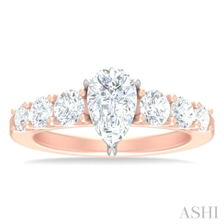 1 1/10 ctw Pear Shape Round Cut Diamond Semi Mount Engagement Ring in 14K Rose and White Gold