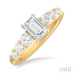 1 1/10 ctw Emerald Shape Round Cut Diamond Semi Mount Engagement Ring in 14K Yellow and White Gold