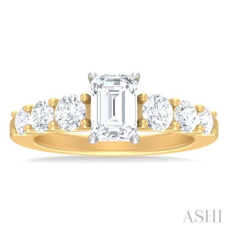 1 1/10 ctw Emerald Shape Round Cut Diamond Semi Mount Engagement Ring in 14K Yellow and White Gold