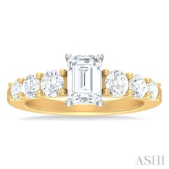 1 1/10 ctw Emerald Shape Round Cut Diamond Semi Mount Engagement Ring in 14K Yellow and White Gold
