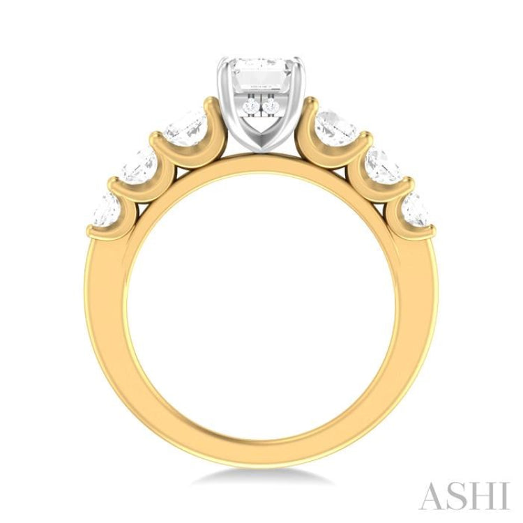 1 1/10 ctw Emerald Shape Round Cut Diamond Semi Mount Engagement Ring in 14K Yellow and White Gold