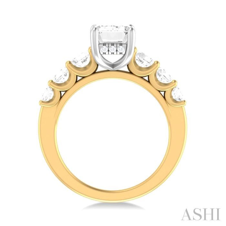 1 1/10 ctw Emerald Shape Round Cut Diamond Semi Mount Engagement Ring in 14K Yellow and White Gold