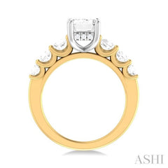 1 1/10 ctw Emerald Shape Round Cut Diamond Semi Mount Engagement Ring in 14K Yellow and White Gold