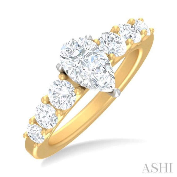 1 1/10 ctw Pear Shape Round Cut Diamond Semi Mount Engagement Ring in 14K Yellow and White Gold
