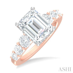 1 1/5 ctw Emerald Shape Round Cut Diamond Semi Mount Engagement Ring in 14K Rose and White Gold