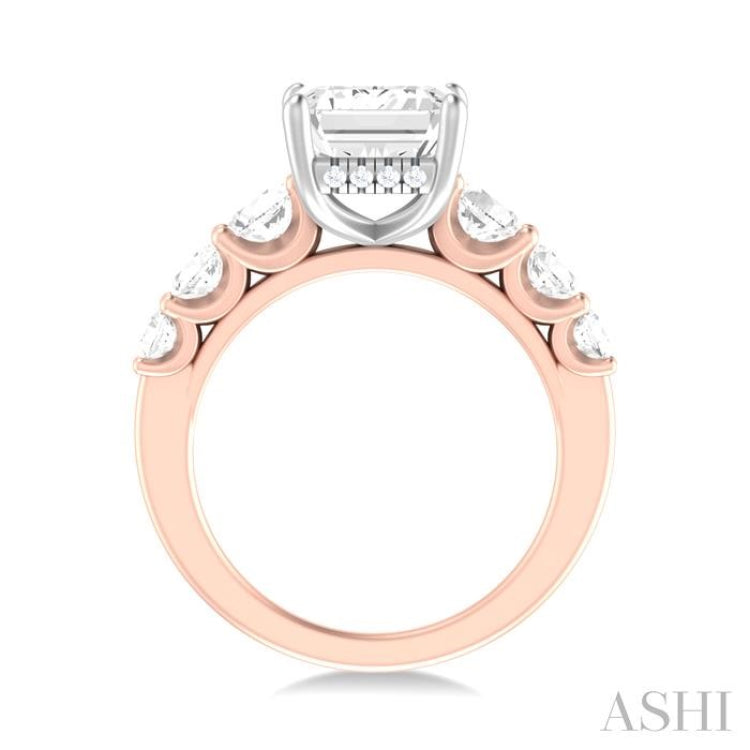 1 1/5 ctw Emerald Shape Round Cut Diamond Semi Mount Engagement Ring in 14K Rose and White Gold