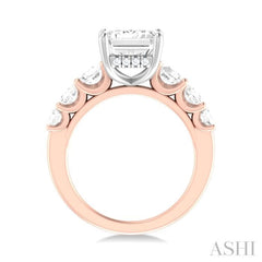 1 1/5 ctw Emerald Shape Round Cut Diamond Semi Mount Engagement Ring in 14K Rose and White Gold