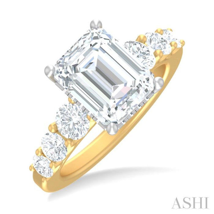 1 1/5 ctw Emerald Shape Round Cut Diamond Semi Mount Engagement Ring in 14K Yellow and White Gold