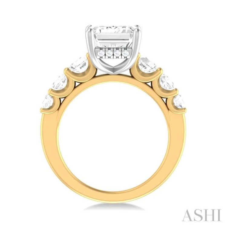 1 1/5 ctw Emerald Shape Round Cut Diamond Semi Mount Engagement Ring in 14K Yellow and White Gold