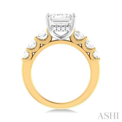 1 1/5 ctw Emerald Shape Round Cut Diamond Semi Mount Engagement Ring in 14K Yellow and White Gold