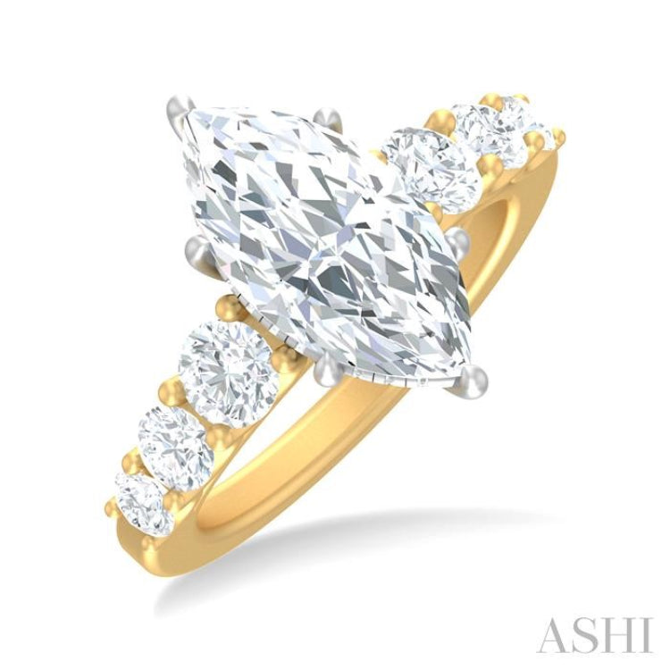 1 1/5 ctw Marquise Shape Round Cut Diamond Semi Mount Engagement Ring in 14K Yellow and White Gold