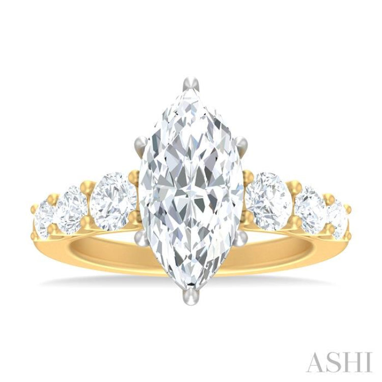 1 1/5 ctw Marquise Shape Round Cut Diamond Semi Mount Engagement Ring in 14K Yellow and White Gold