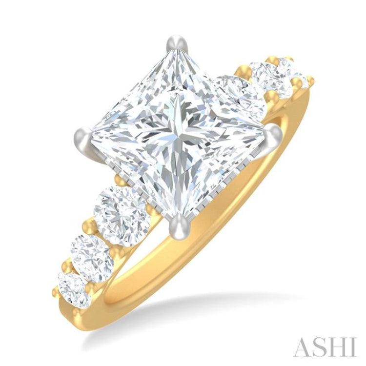 1 1/4 ctw Princess Shape Round Cut Diamond Semi Mount Engagement Ring in 14K Yellow and White Gold