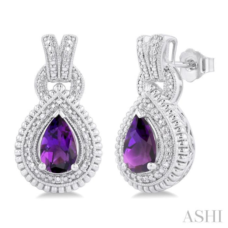 8X5 MM Pear Cut Amethyst and 1/20 ctw Round Cut Diamond Semi Precious Earring in Sterling Silver