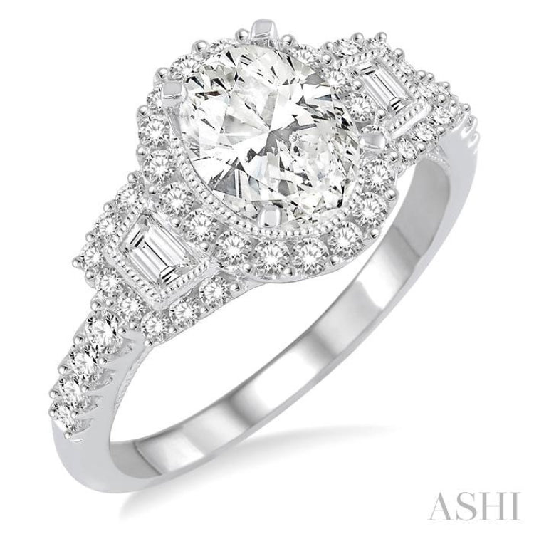1 ctw Oval Shape Baguette and Round Cut Diamond Semi-Mount Engagement Ring in 14K White Gold