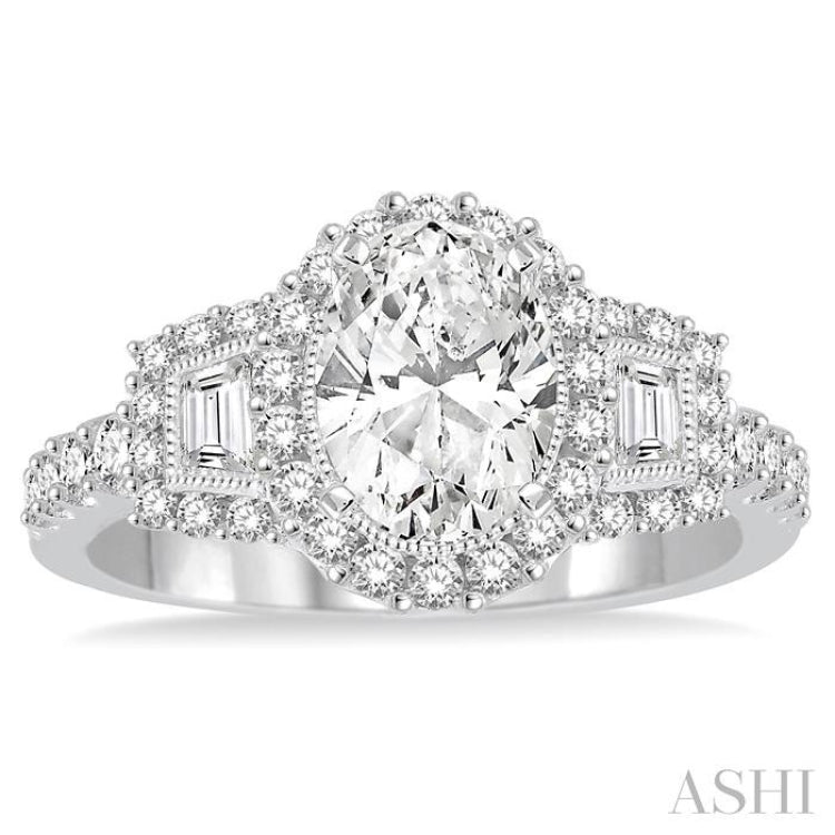 1 ctw Oval Shape Baguette and Round Cut Diamond Semi-Mount Engagement Ring in 14K White Gold