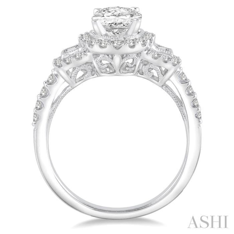 1 ctw Oval Shape Baguette and Round Cut Diamond Semi-Mount Engagement Ring in 14K White Gold