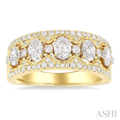 1 1/5 ctw 5-Stone Oval and Round Cut Diamond Wide Fashion Band in 14K Yellow Gold