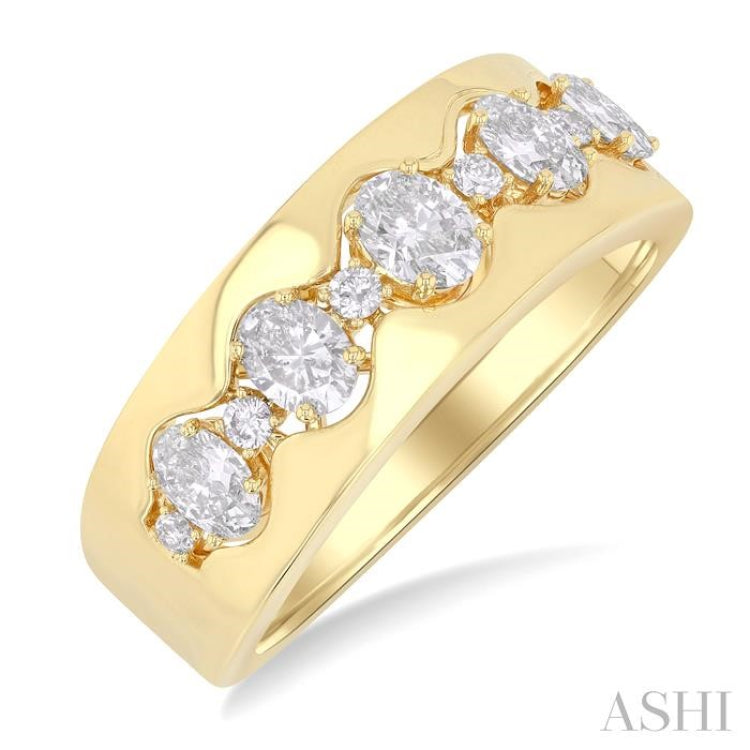 1 ctw 5-Stone Oval and Round Cut Diamond Wide Fashion Band in 14K Yellow Gold