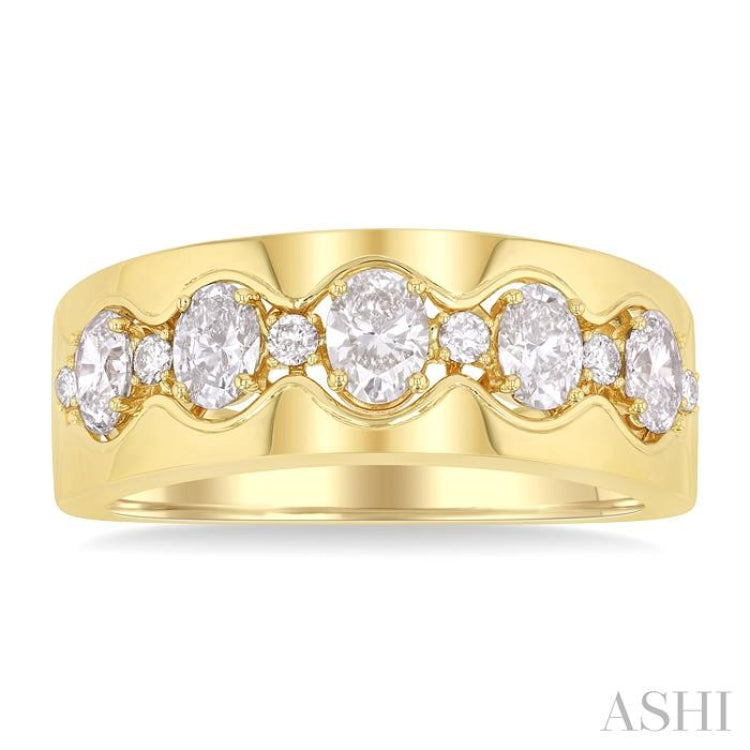 1 ctw 5-Stone Oval and Round Cut Diamond Wide Fashion Band in 14K Yellow Gold