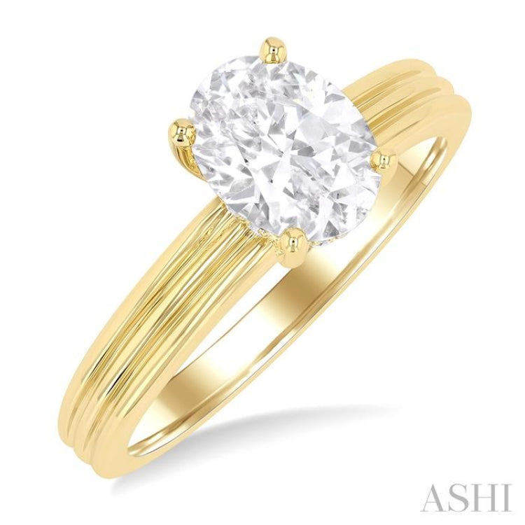 1/20 ctw Oval Shape Grooved Shank Round Cut Diamond Semi Mount Engagement Ring in 14K Yellow Gold
