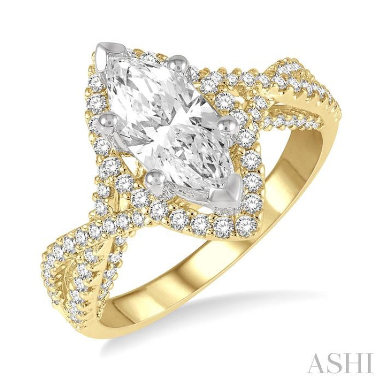 5/8 ctw Marquise Shape Criss-Cross Shank Round Cut Diamond Semi-Mount Engagement Ring in 14K Yellow and White Gold