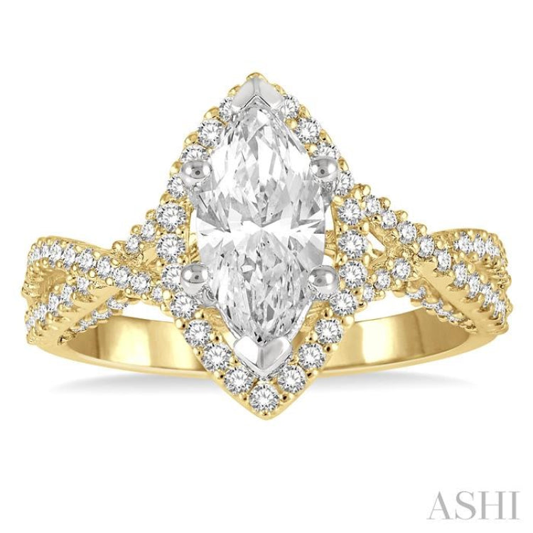 5/8 ctw Marquise Shape Criss-Cross Shank Round Cut Diamond Semi-Mount Engagement Ring in 14K Yellow and White Gold
