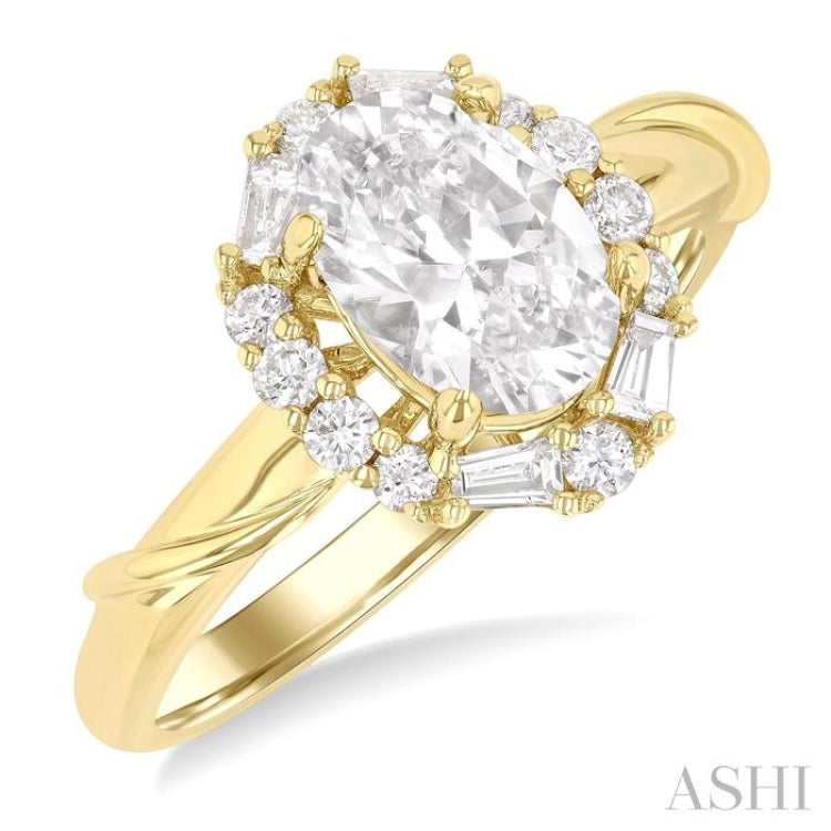 1/3 ctw Oval Shape Baguette and Round Cut Diamond Semi Mount Engagement Ring in 14K Yellow Gold