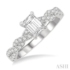7/8 ctw Twisted Shank Round Cut Diamond Engagement Ring With 1/2 ct Emerald Cut Center Stone in 14K White Gold