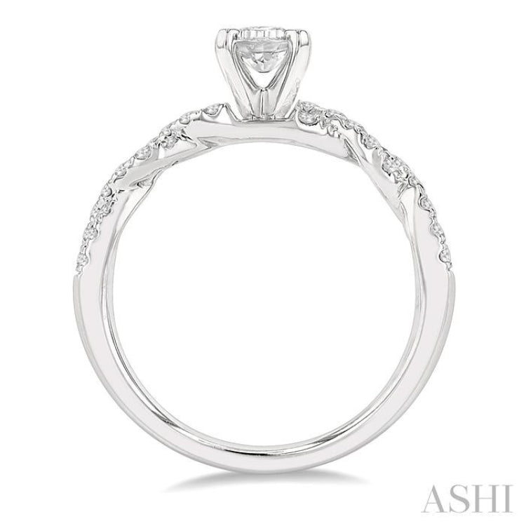 7/8 ctw Twisted Shank Round Cut Diamond Engagement Ring With 1/2 ct Emerald Cut Center Stone in 14K White Gold
