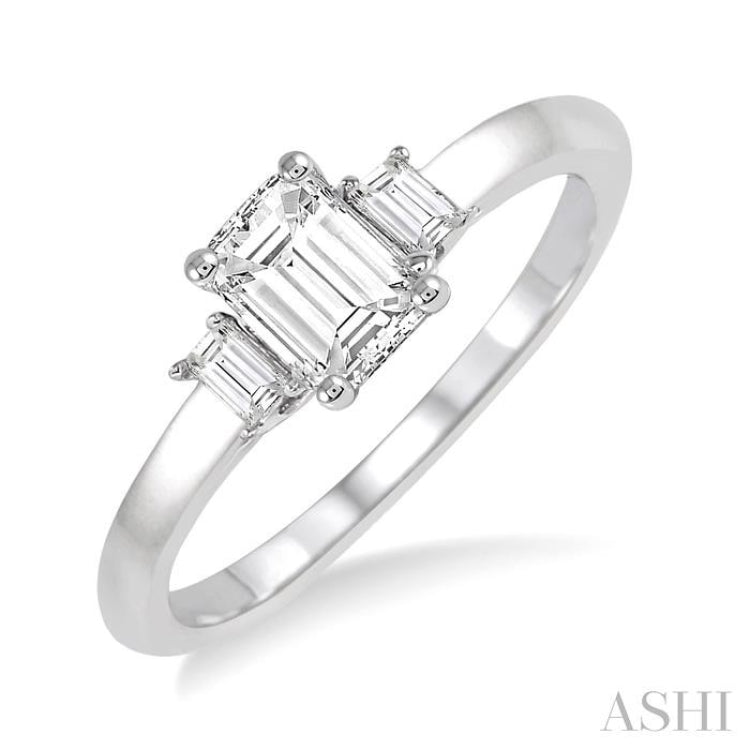 3/8 ctw Octagonal and Baguette Diamond Ladies Engagement Ring with 1/3 ct Emerald cut Center Stone in 14K White Gold