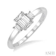 3/8 ctw Octagonal and Baguette Diamond Ladies Engagement Ring with 1/3 ct Emerald cut Center Stone in 14K White Gold