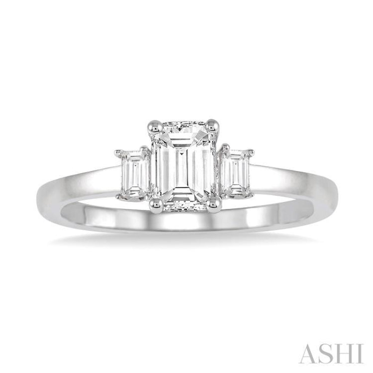 3/8 ctw Octagonal and Baguette Diamond Ladies Engagement Ring with 1/3 ct Emerald cut Center Stone in 14K White Gold