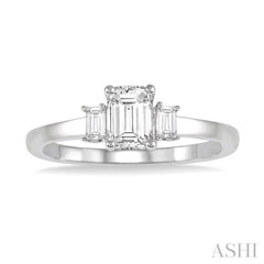 3/8 ctw Octagonal and Baguette Diamond Ladies Engagement Ring with 1/3 ct Emerald cut Center Stone in 14K White Gold