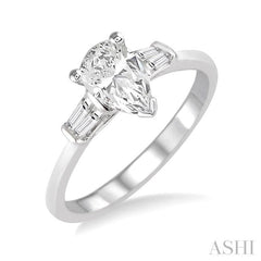 1/2 ctw Baguette and Pear Cut Diamond Ladies Engagement Ring with 1/3 ct Pear Cut Center Stone in 14K White Gold