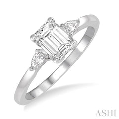 1/2 ctw Octagon Emerald and Pear Cut Diamond Ladies Engagement Ring with 1/3 ct Emerald Cut Center Stone in 14K White Gold