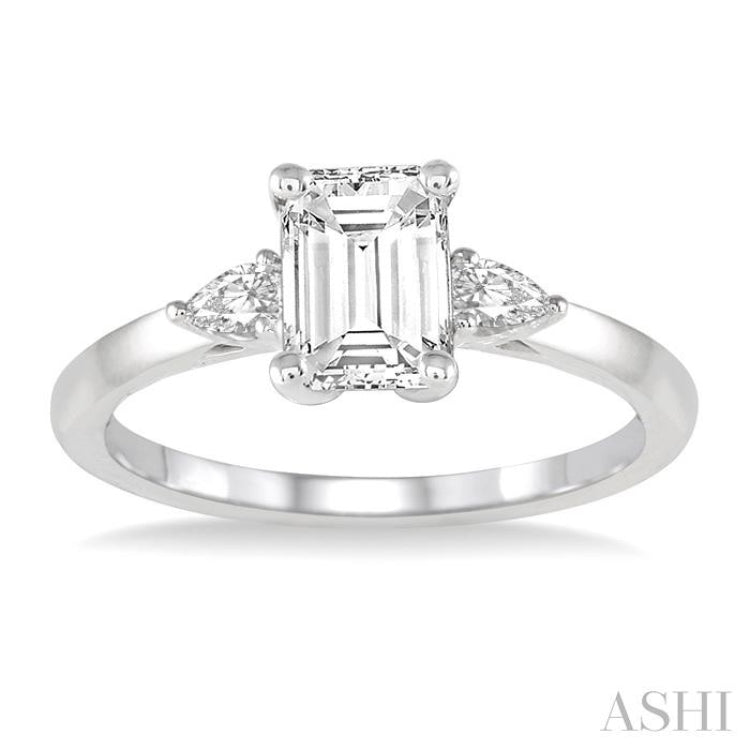 1/2 ctw Octagon Emerald and Pear Cut Diamond Ladies Engagement Ring with 1/3 ct Emerald Cut Center Stone in 14K White Gold