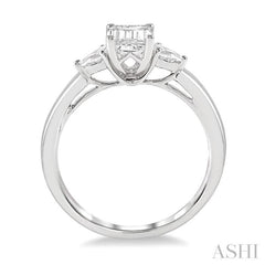 1/2 ctw Octagon Emerald and Pear Cut Diamond Ladies Engagement Ring with 1/3 ct Emerald Cut Center Stone in 14K White Gold