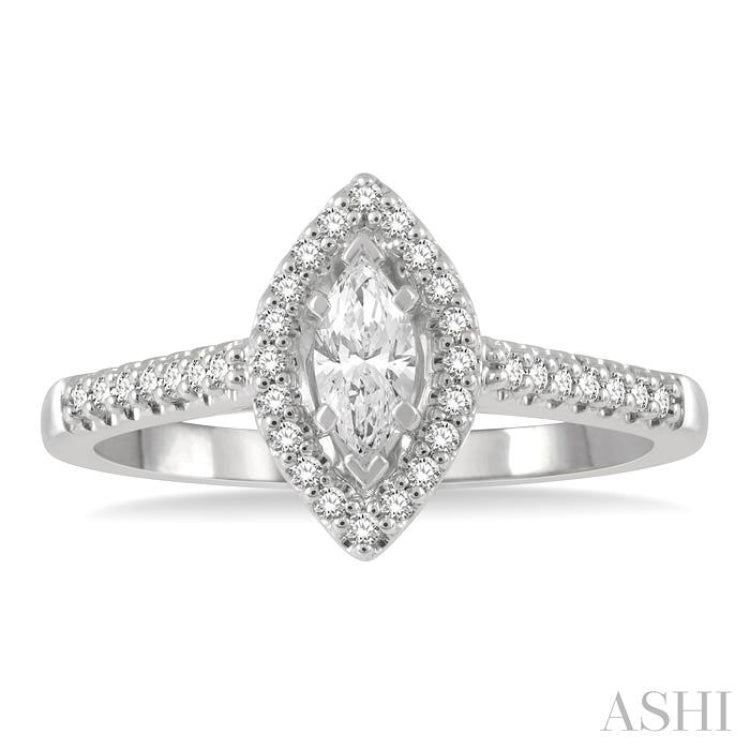 1/2 ctw Round Cut Diamond Engagement Ring With 1/4 ct Marquise Cut Center Stone in 14K White Gold
