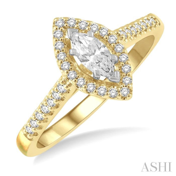 1/2 ctw Round Cut Diamond Engagement Ring With 1/4 ct Marquise Cut Center Stone in 14K Yellow and White Gold