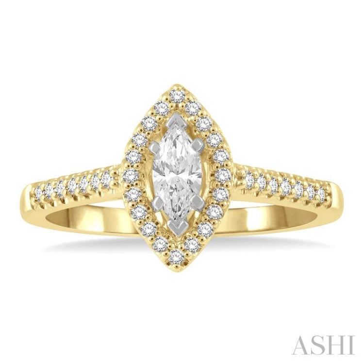 1/2 ctw Round Cut Diamond Engagement Ring With 1/4 ct Marquise Cut Center Stone in 14K Yellow and White Gold