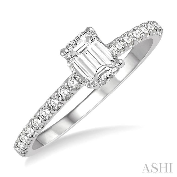 1/2 ctw Round Cut Diamond Ladies Engagement Ring With 1/4 ct Emerald Cut Center Stone in 14K White Gold