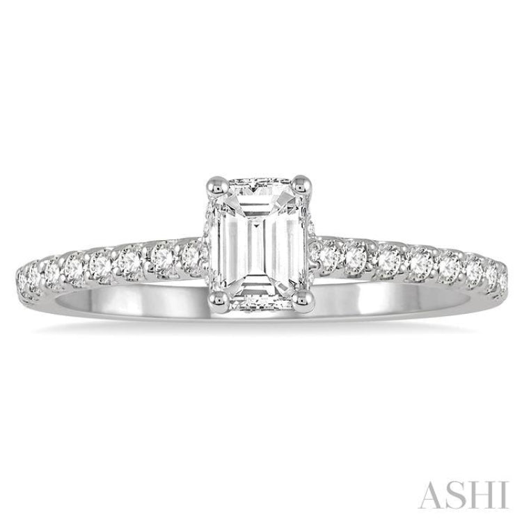 1/2 ctw Round Cut Diamond Ladies Engagement Ring With 1/4 ct Emerald Cut Center Stone in 14K White Gold