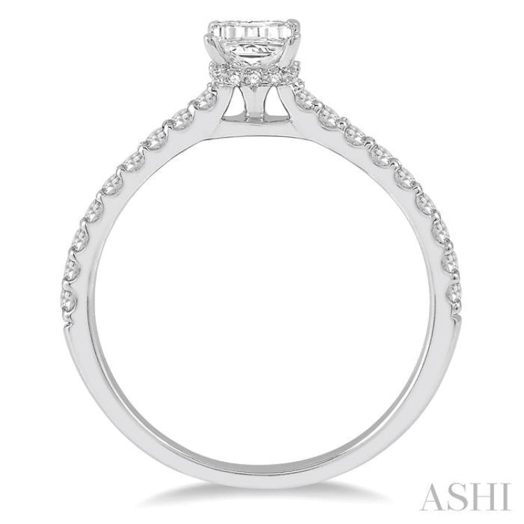 1/2 ctw Round Cut Diamond Ladies Engagement Ring With 1/4 ct Emerald Cut Center Stone in 14K White Gold